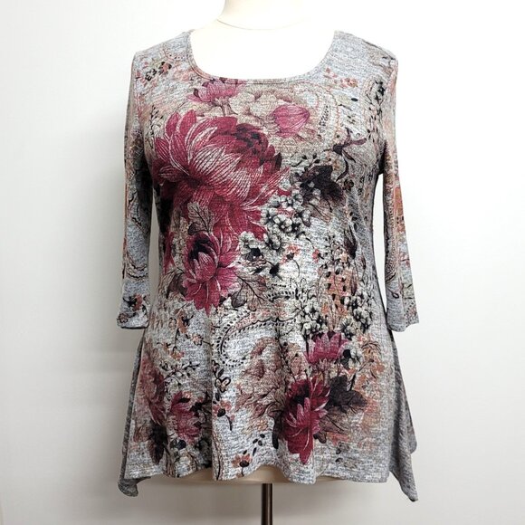 Always Indigo 3/4 Sleeve Floral Sharkbite Knit Top 1X - Picture 1 of 6